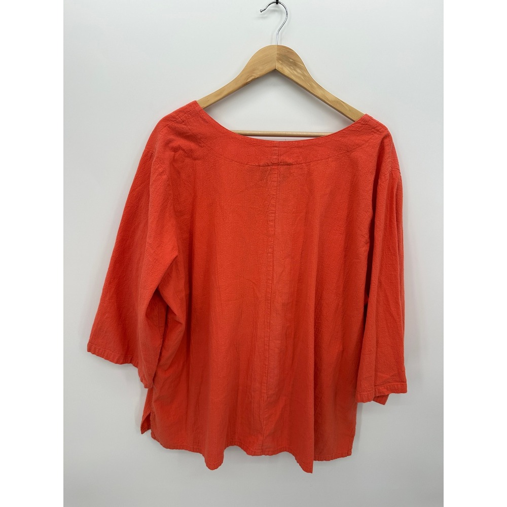 Lagenlook Woman 3X Coral Orange Cotton Tunic Crochet Fish Applique 3/4 Sleeve - Picture 2 of 6